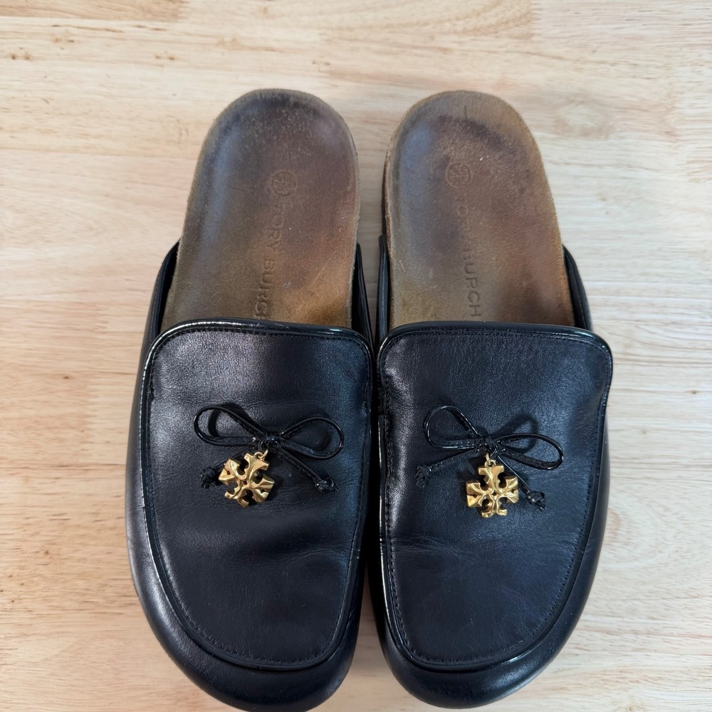 Tory Burch Charm Mules Women's Black Leather Slip-On Round Toe Comfort - 9 - Picture 2 of 12